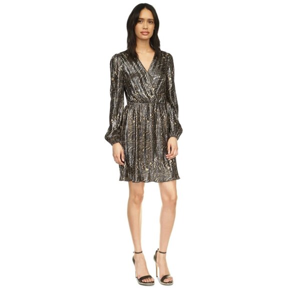 Michael Kors Women's Pleated Metallic Fit & Flare Dress Black Size L MSRP $175 - Picture 1 of 4